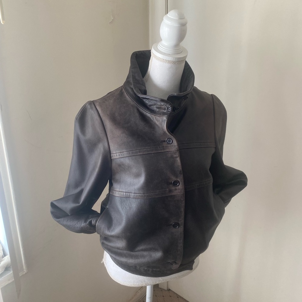 FARHI leather jacket;  button up lined and pockets - Picture 3 of 15